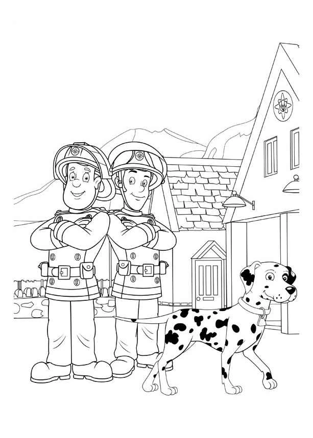 Sam the Fireman and colleague with dalmatian dog coloring page