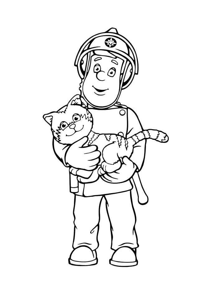 Sam the Fireman holding a rescued cat coloring page