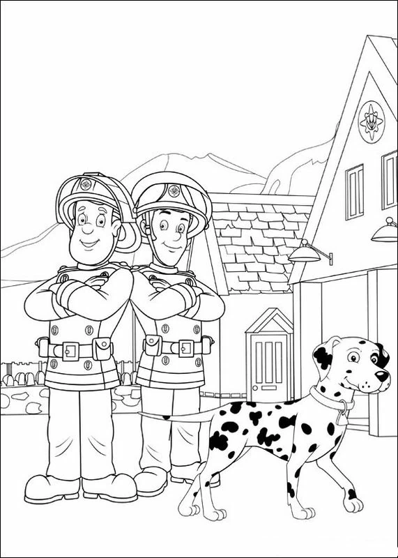 Sam the Fireman and colleague at the fire station coloring page