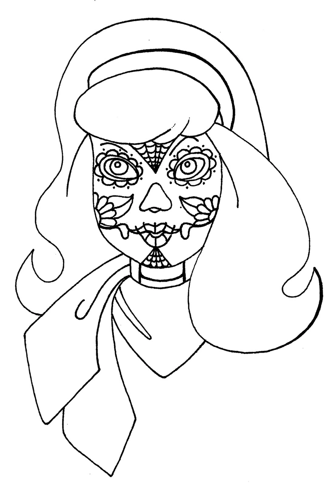 Daphne with a sugar skull face design coloring page
