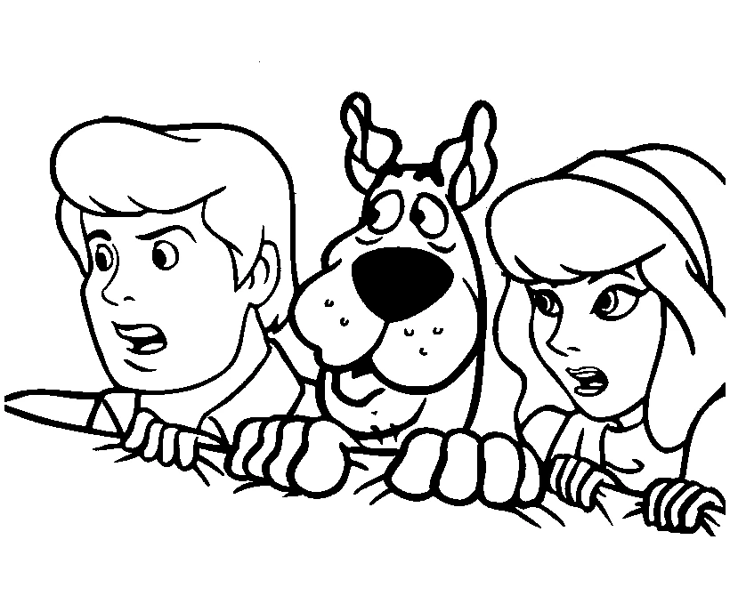 Fred, Scooby-Doo and Daphne peeking scared coloring page