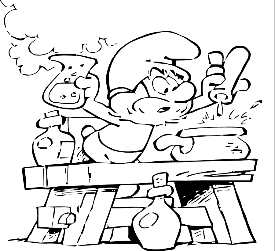 Smurf mixing a potion at his workbench coloring page