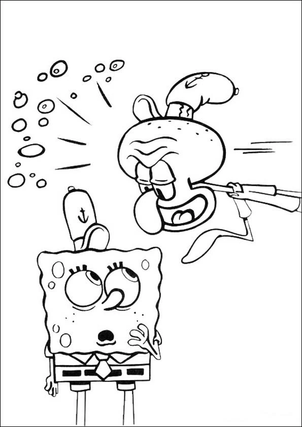 SpongeBob blowing bubbles while Squidward runs away coloring page