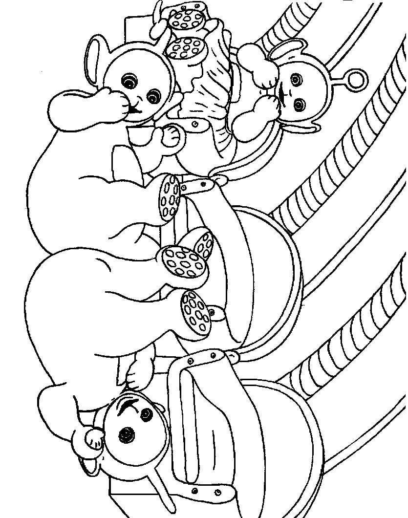 Teletubbies eating cookies together coloring page