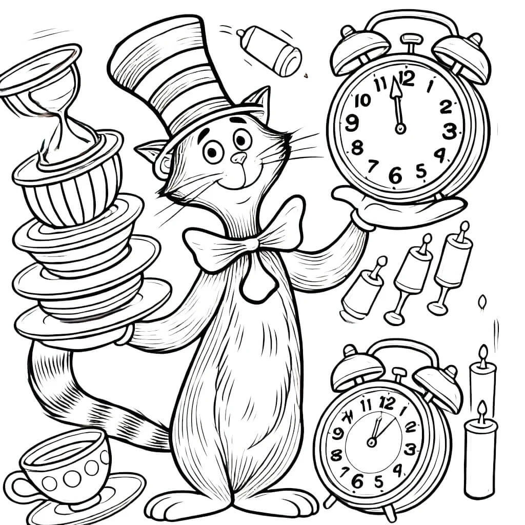 The Cat in the Hat balancing dishes and clocks coloring page The Cat in the Hat balancing dishes and clocks coloring page