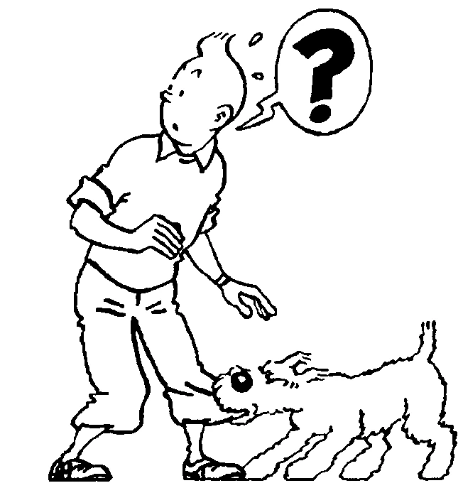 Tintin puzzled with Snowy tugging his pants coloring page