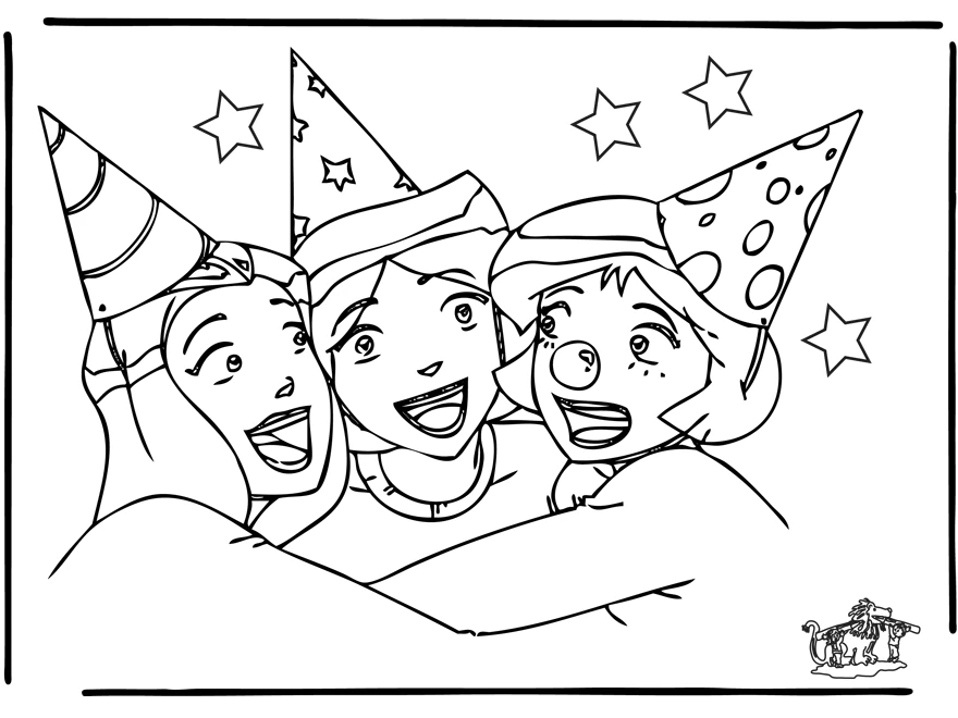 Totally Spies girls celebrating with party hats coloring page