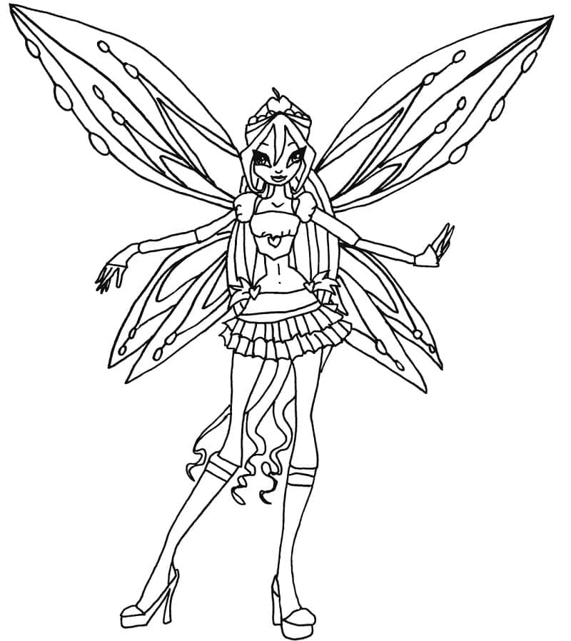 Bloom in fairy pose with butterfly wings coloring page Bloom in fairy pose with butterfly wings coloring page