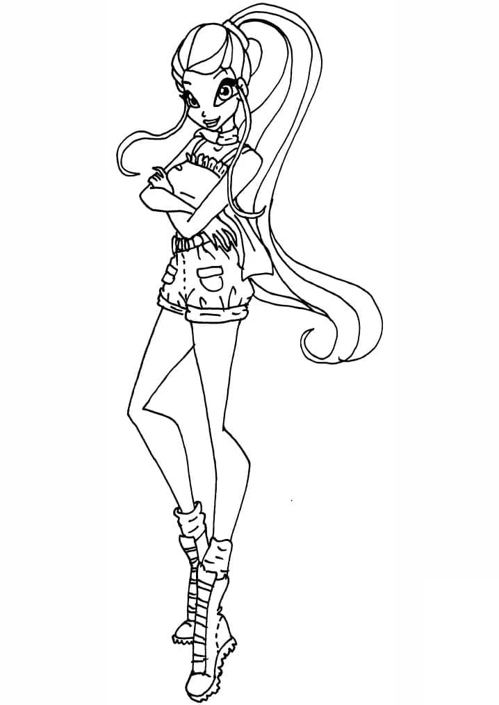 Stella posing with long ponytail and shorts coloring page