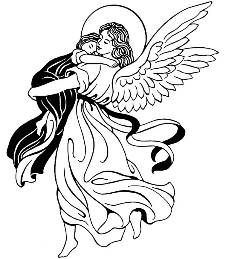 Guardian angel holding a sleeping child coloring page