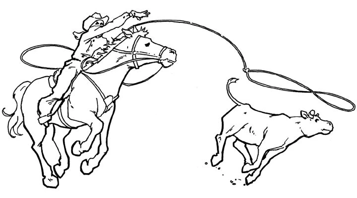 Cowboy roping a calf on horseback coloring page