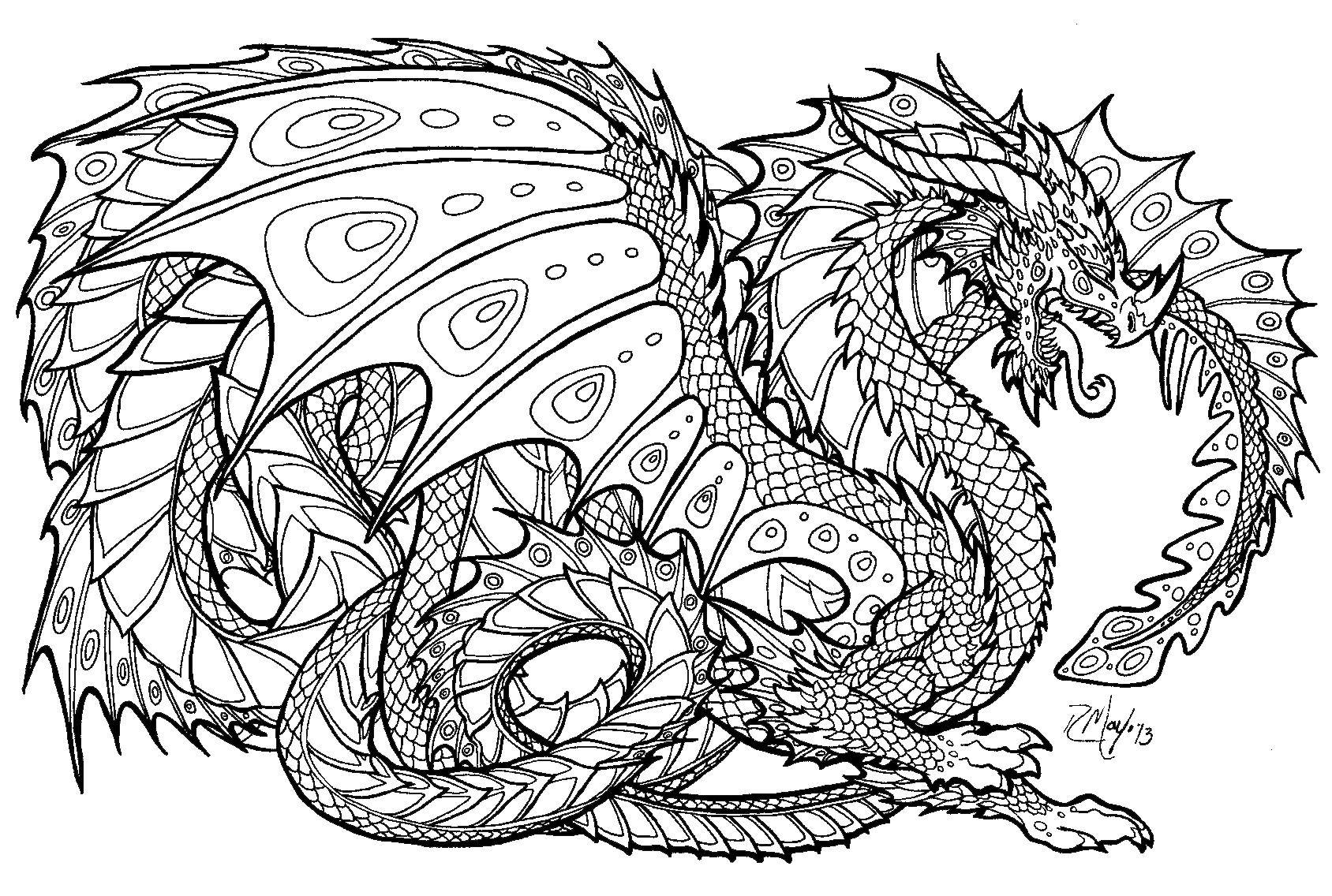 Dragon coiled with ornate wings coloring page