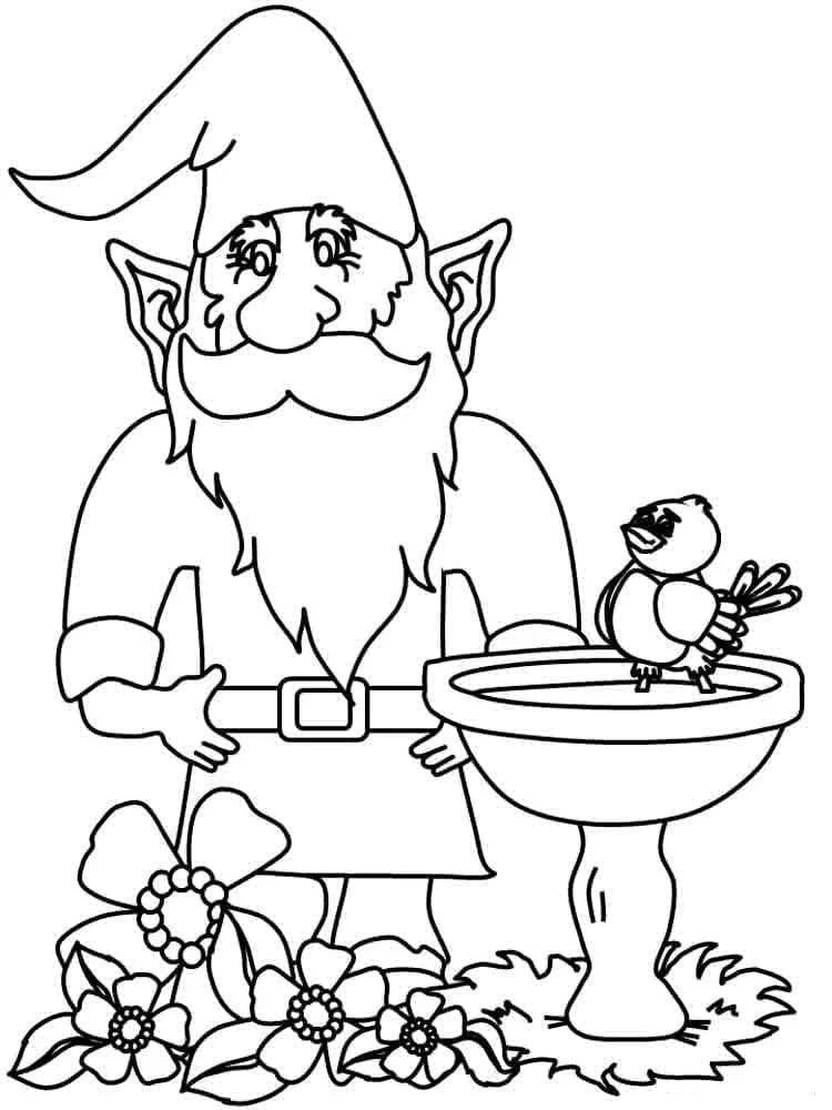 Gnome standing by a bird bath coloring page