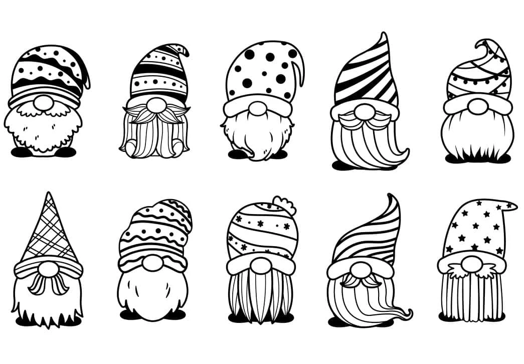 Gnome collection with festive hats coloring page