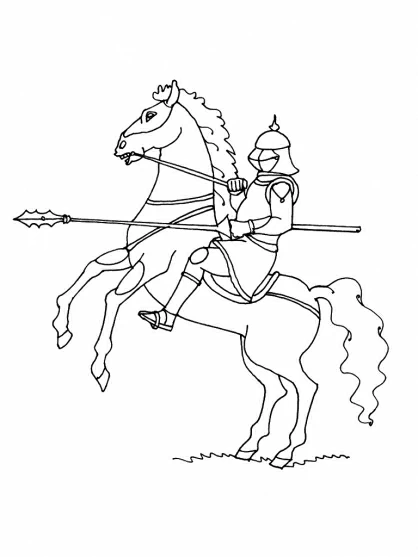 Knight riding a rearing horse with lance coloring page