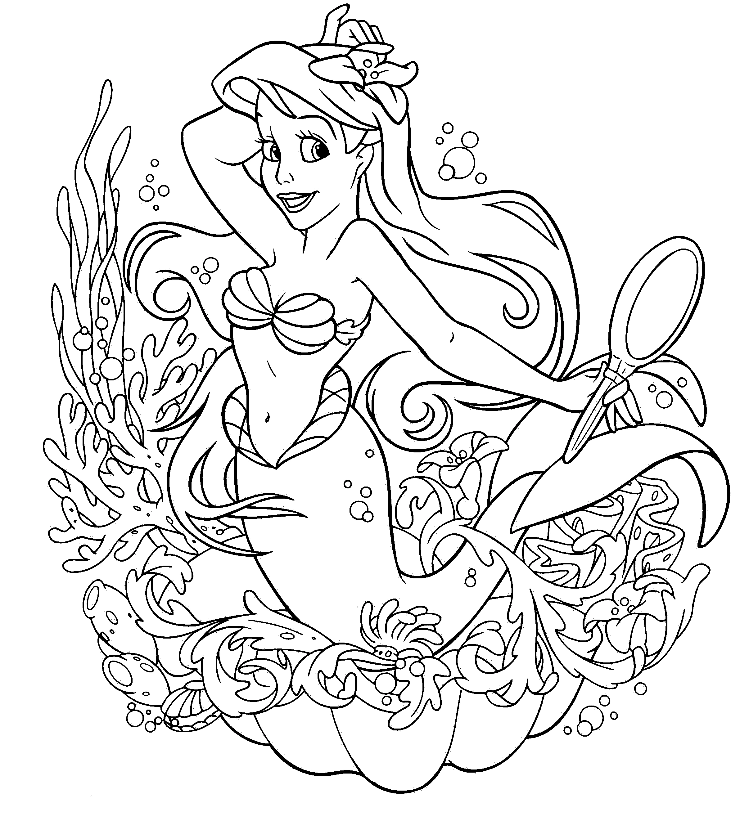 Mermaid holding a mirror by the coral coloring page