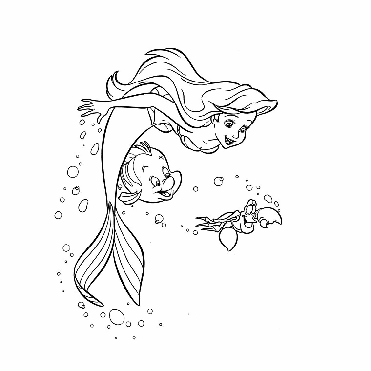 Mermaid Ariel swimming with fish and crab coloring page