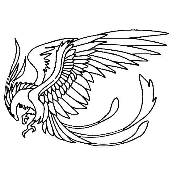 Phoenix with spread wings and curved tail coloring page