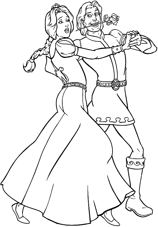 Prince Charming and Fiona dancing together coloring page