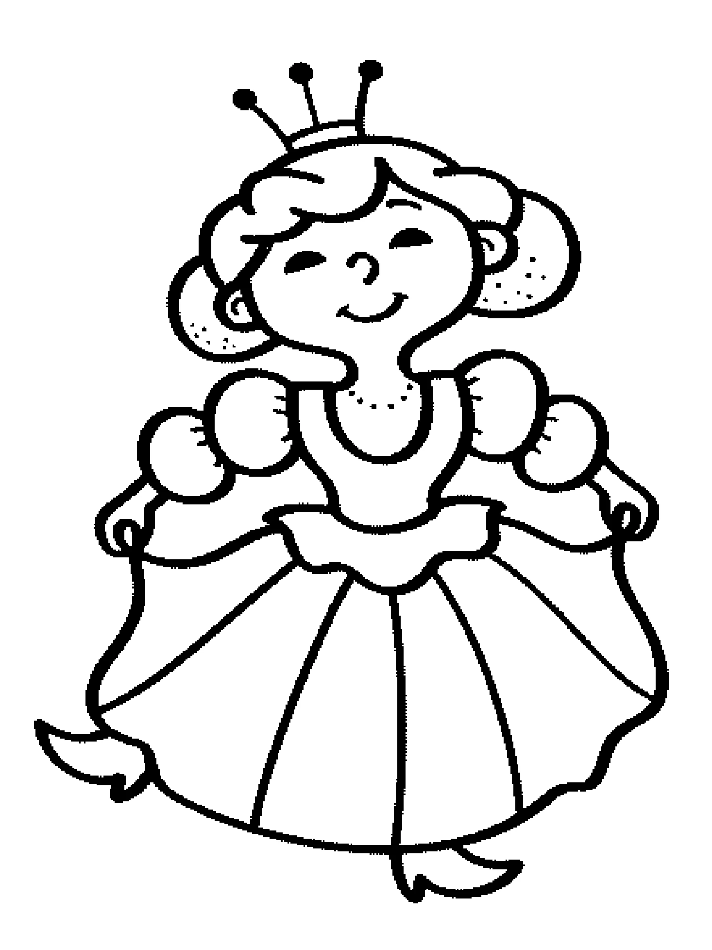 Queen smiling in a puffy dress coloring page