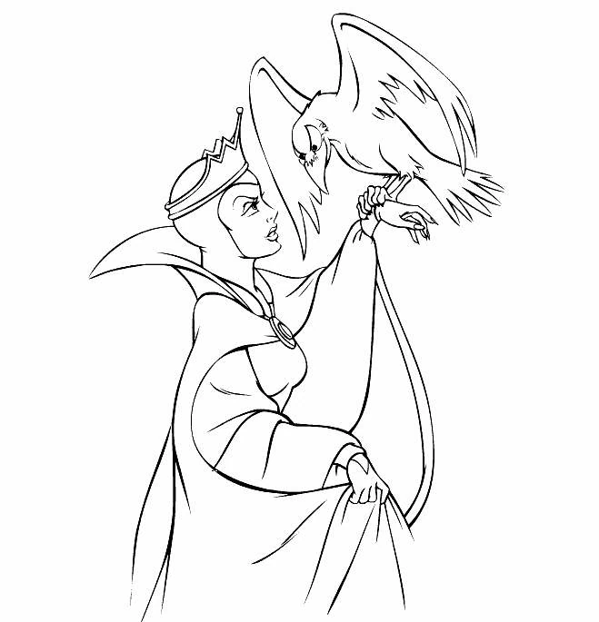 Evil Queen with her raven perched on her hand coloring page