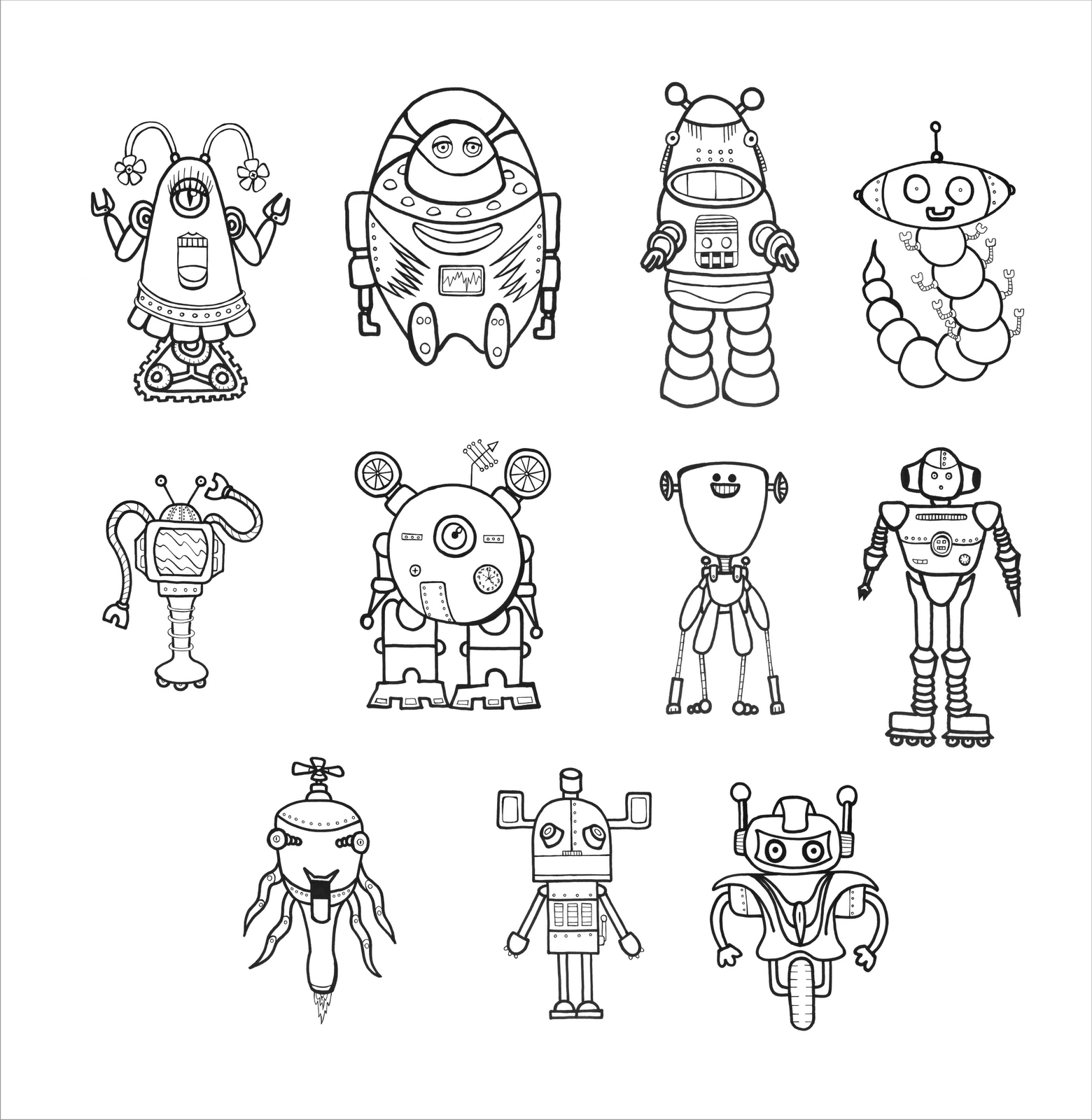 Collection of eleven quirky robots coloring page