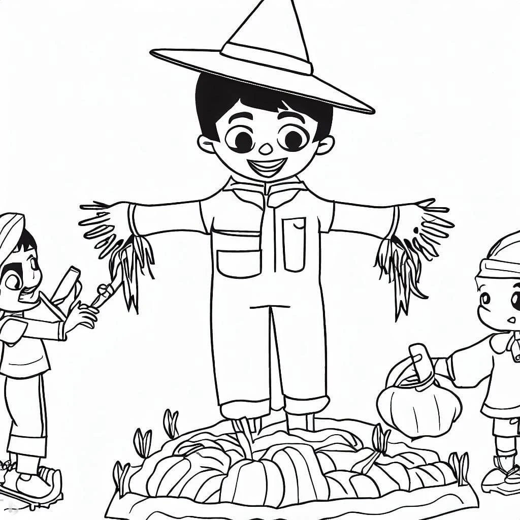 Scarecrow standing between two children coloring page
