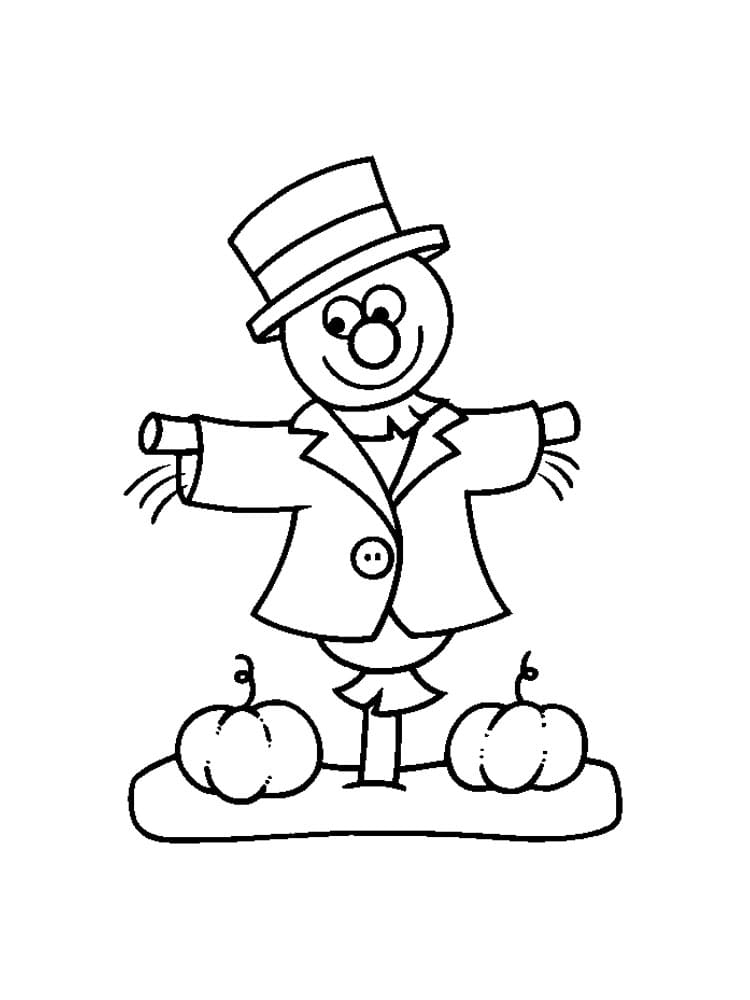 Scarecrow standing between two pumpkins coloring page