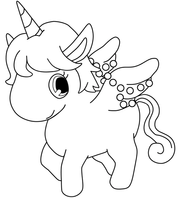 Unicorn walking with pearl-decorated wing coloring page