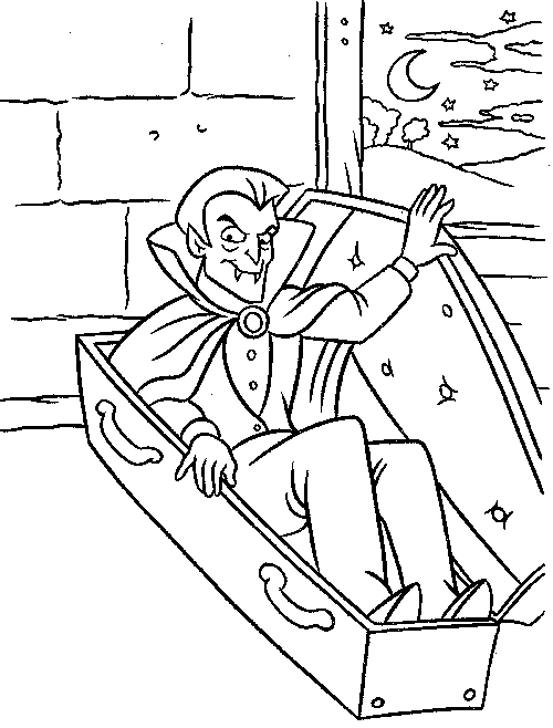 Vampire rising from his coffin at night coloring page