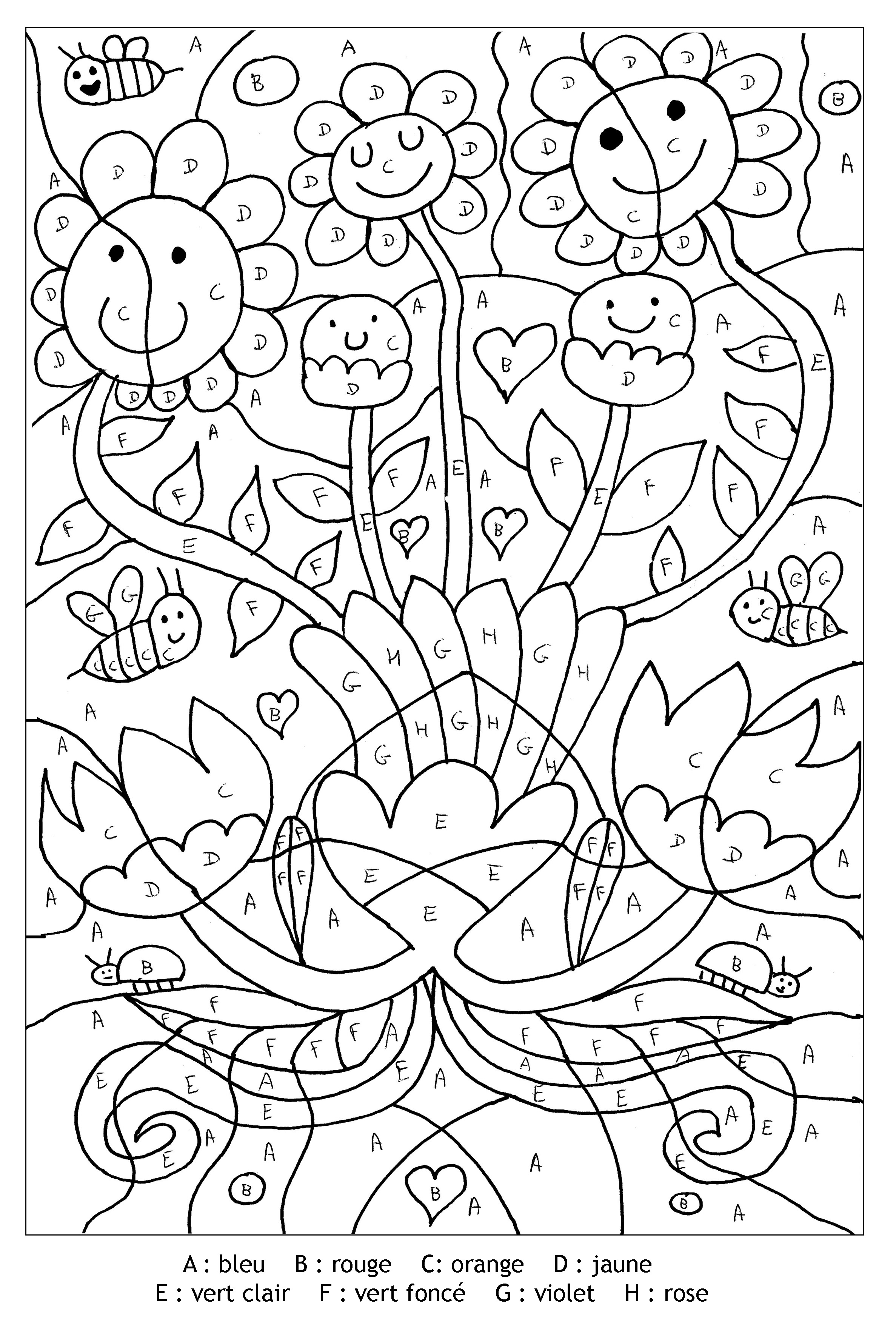 Smiling flowers with bees color by letter coloring page