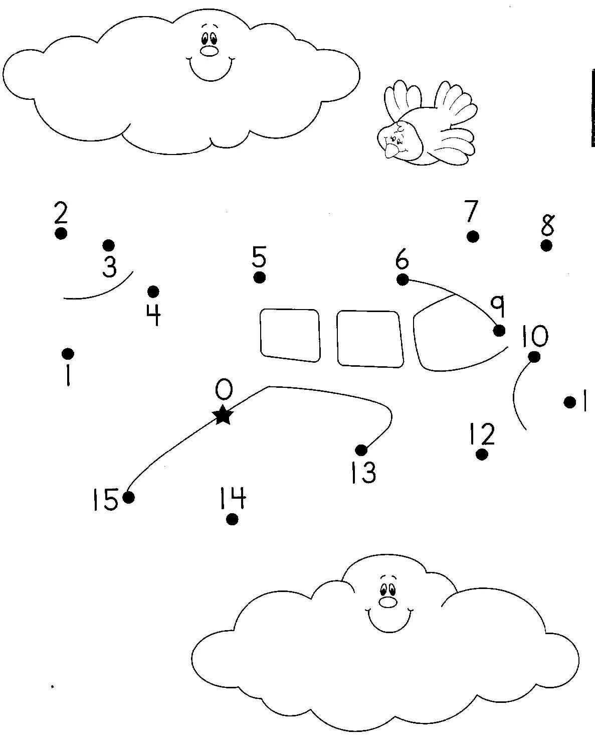 Airplane point to point with smiling clouds coloring page