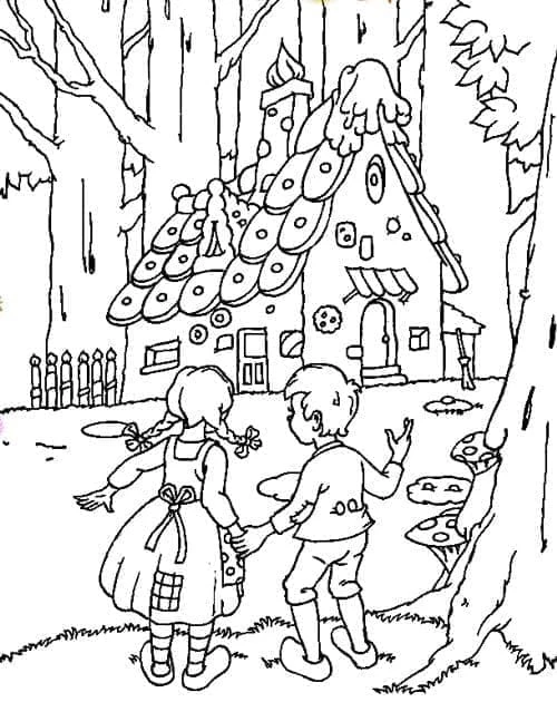 Hansel and Gretel at the gingerbread house coloring page
