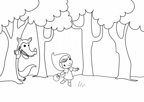 Little Red Riding Hood walking through the forest coloring page