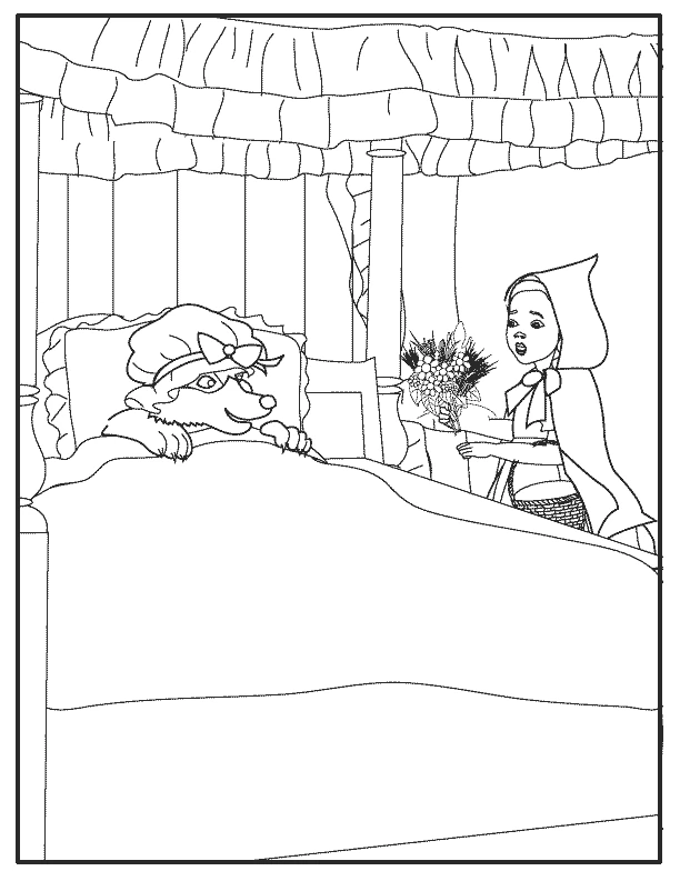 Little Red Riding Hood visiting the wolf in bed coloring page