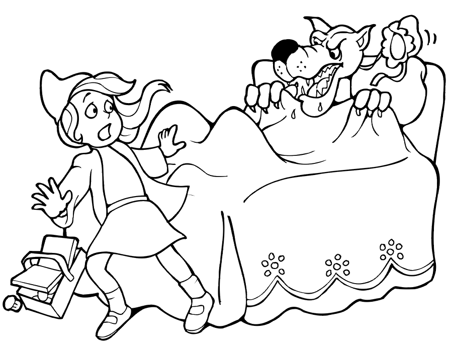 Little Red Riding Hood surprised by the wolf in bed coloring page