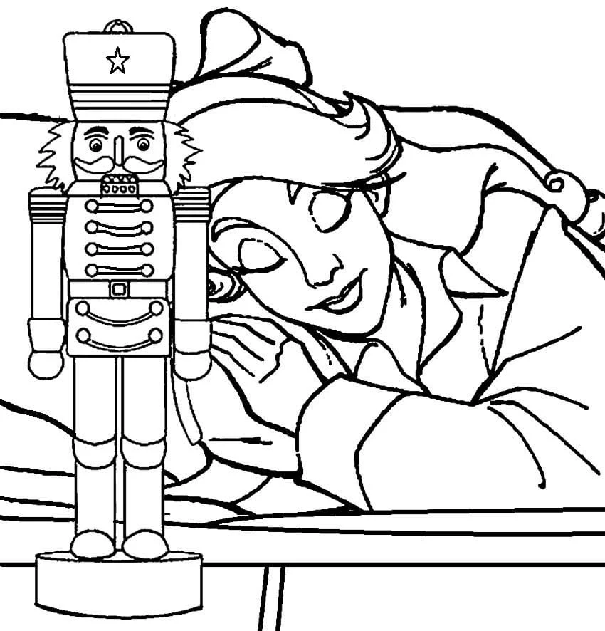 Nutcracker soldier beside a sleeping girl coloring page