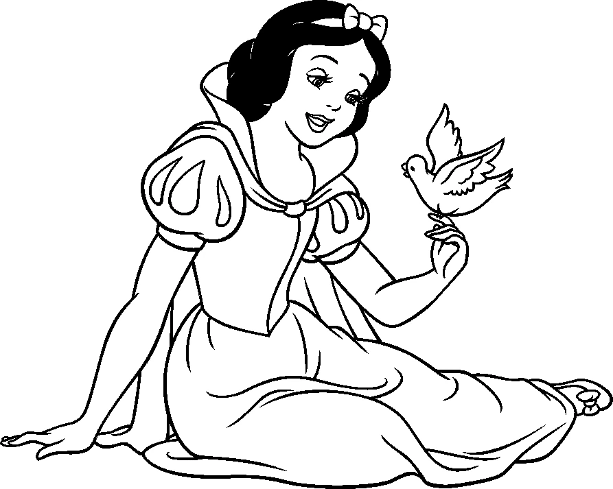 Snow White sitting with a little bird coloring page
