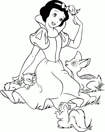 Snow White surrounded by forest animals coloring page