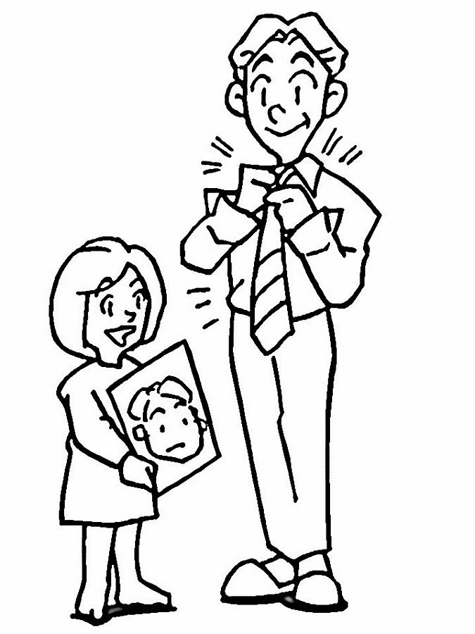 Dad tying his tie next to daughter with a drawing coloring page Dad tying his tie next to daughter with a drawing coloring page