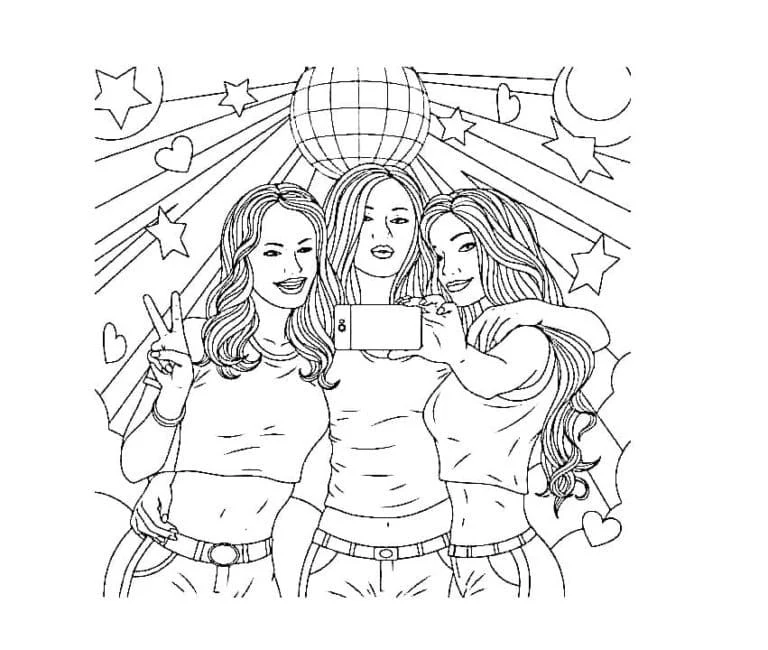 Three girls taking a selfie together coloring page