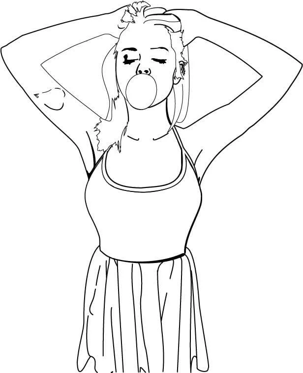 Girl blowing a bubble gum bubble coloring page