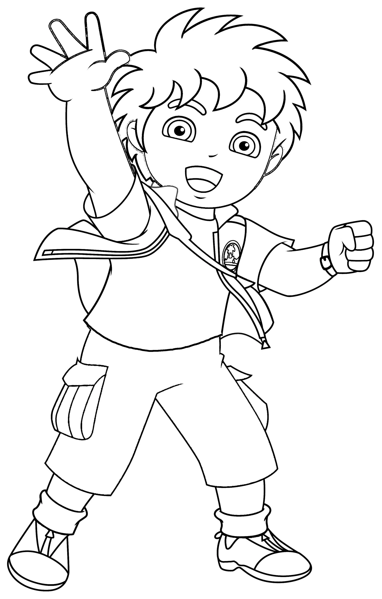 Diego waving with a big smile coloring page