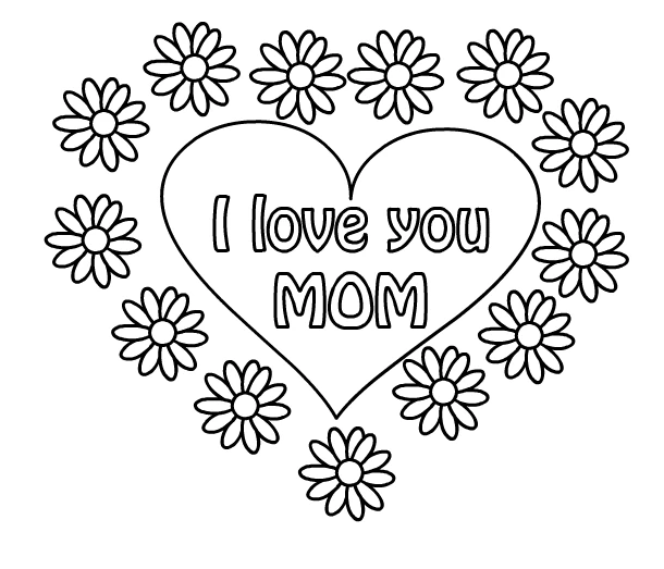 Mom heart surrounded by daisies coloring page