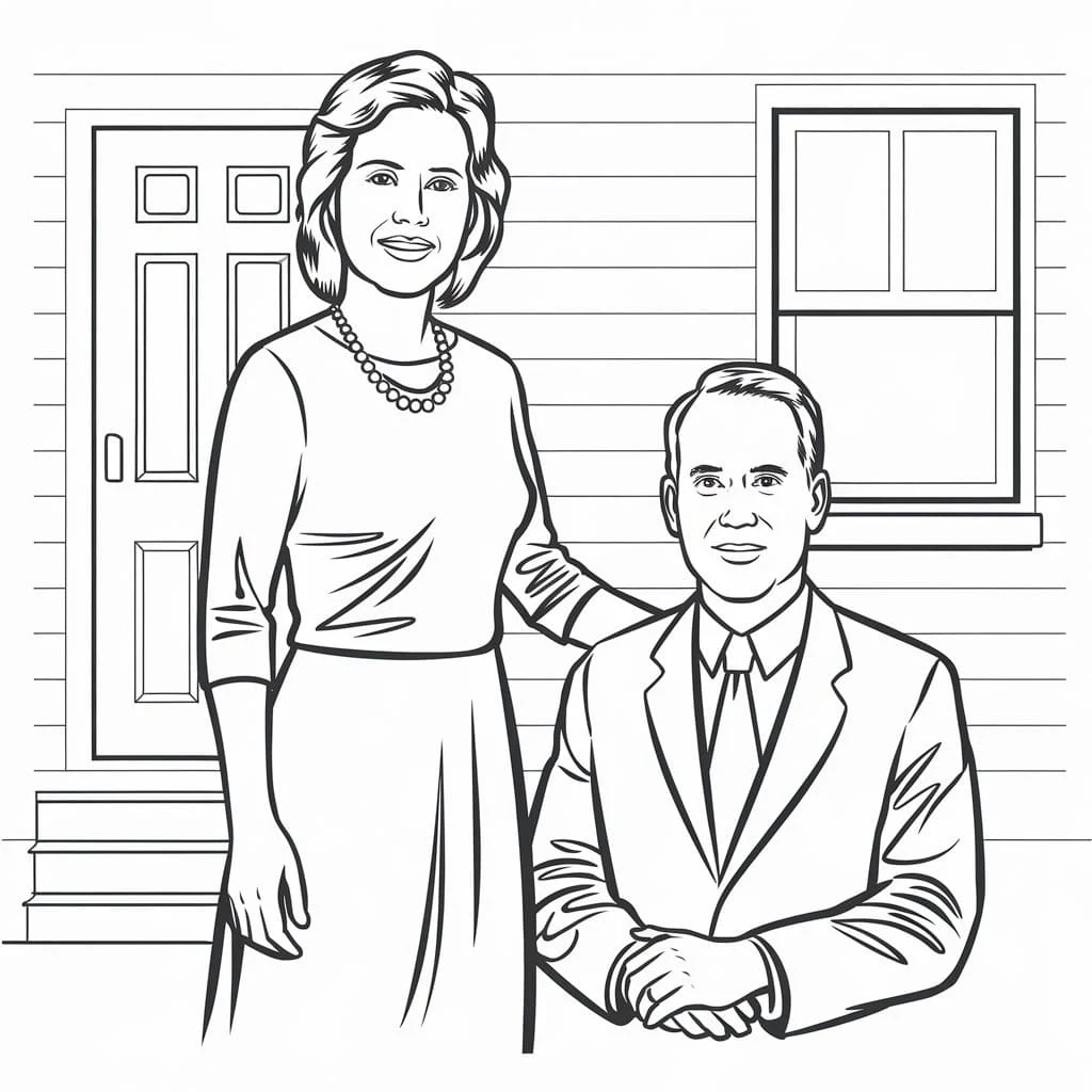 Mom and Dad standing in front of their house coloring page