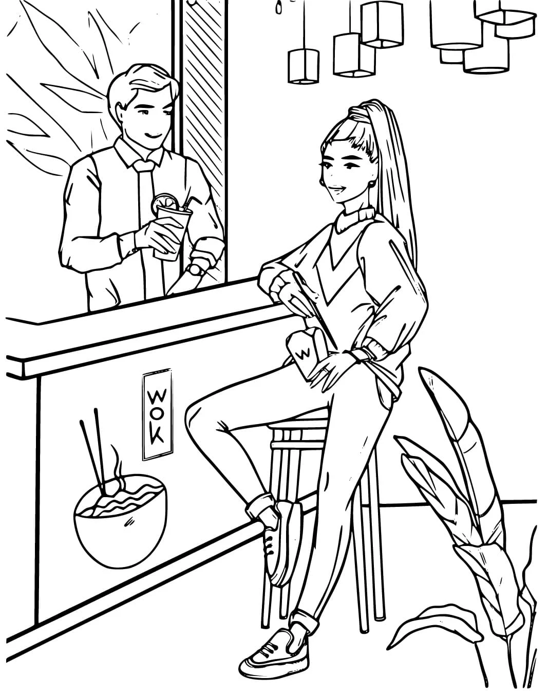 Teen girl sitting at a wok bar counter coloring page