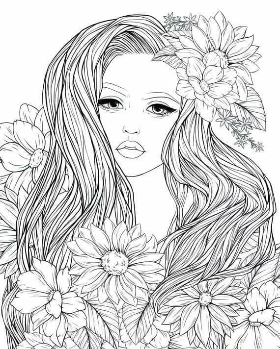 Teen girl portrait surrounded by flowers coloring page