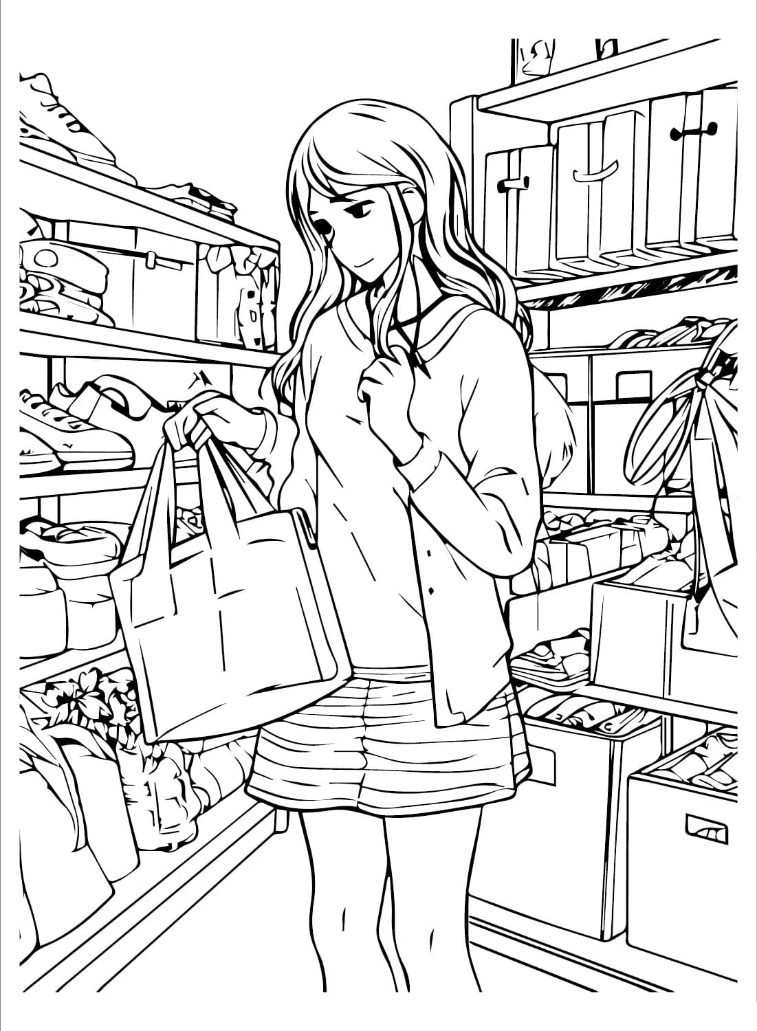 Teen girl shopping in a clothing store coloring page