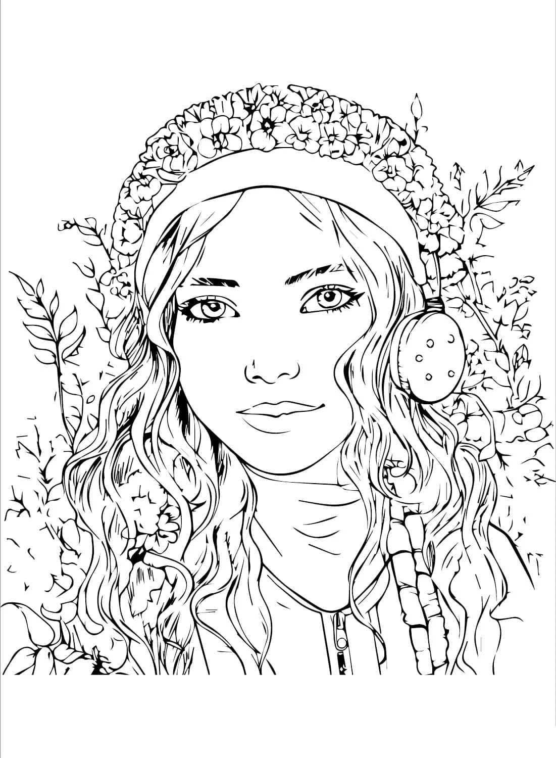 Teen girl with floral crown and long wavy hair coloring page