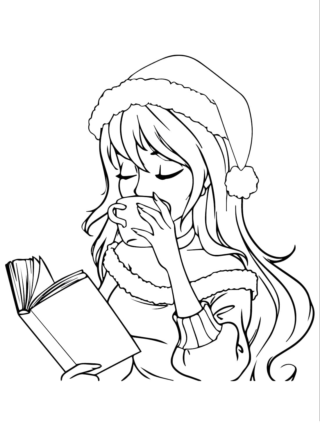 Teen girl drinking coffee with a book coloring page